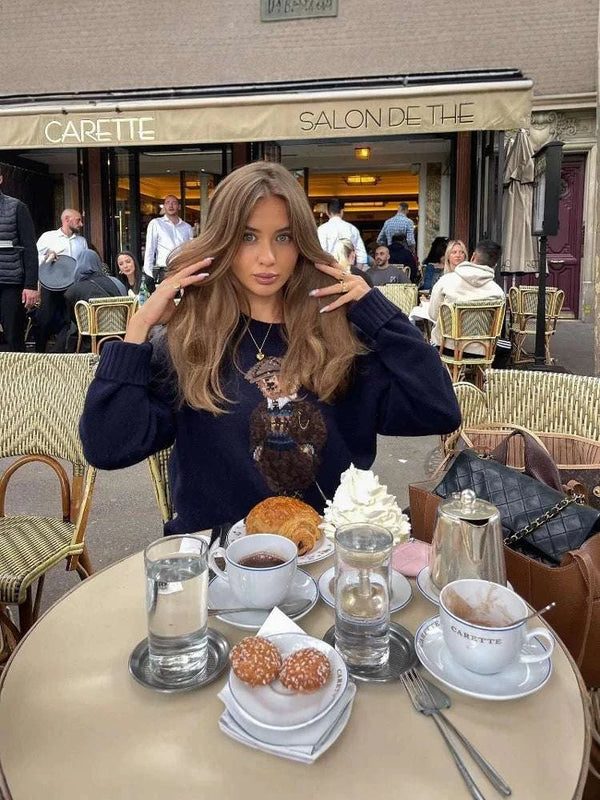 Cartoon bear embroidered sweater, British preppy cotton knitwear, spring and autumn versatile round neck pullover bear top