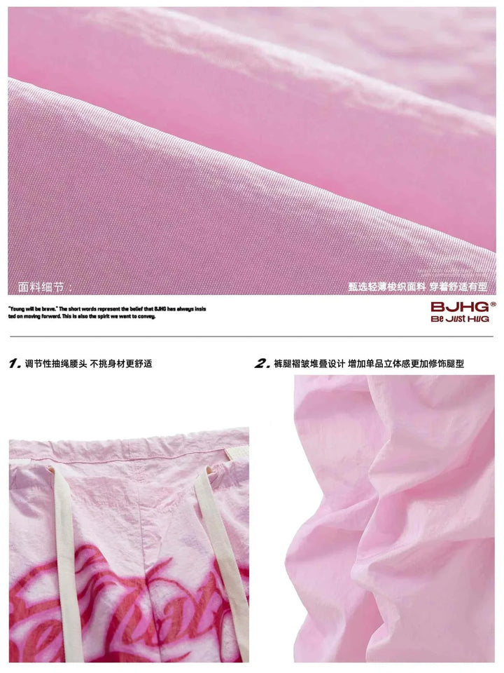 Pink embroidered wide pants with BJHG logo and lightweight fabric, stylish and comfortable for casual wear