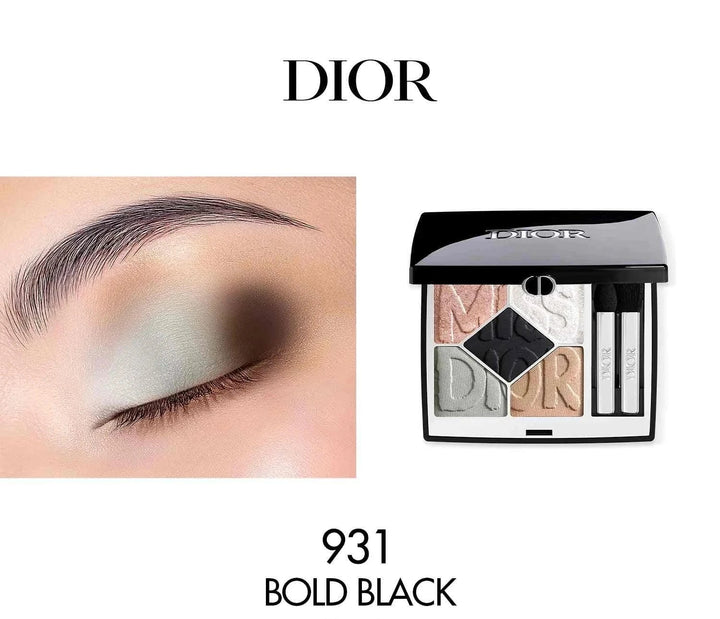 Dior Miss Dior limited edition Fall 2025 eyeshadow palette in bold black with applied eye makeup showcasing soft green and black shades.
