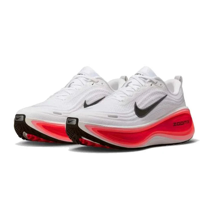 Nike VOMERO PLUS men's white running shoes with red and black accents and ZoomX cushioning