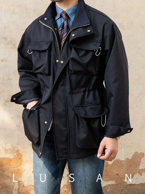 Mr. Lusan Jacket Gentleman Italian waterproof black men's jacket with metal details and adjustable waist