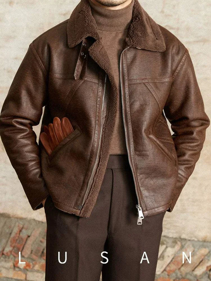Mr. Lu San leather jacket brown with sherling lining and metal zipper detailing