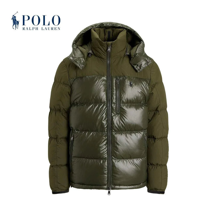 جاكيت رجالي من رالف لورين لون زيتوني مع حشوة مبطنة وغطاء رأس وسحّاب مزدوج