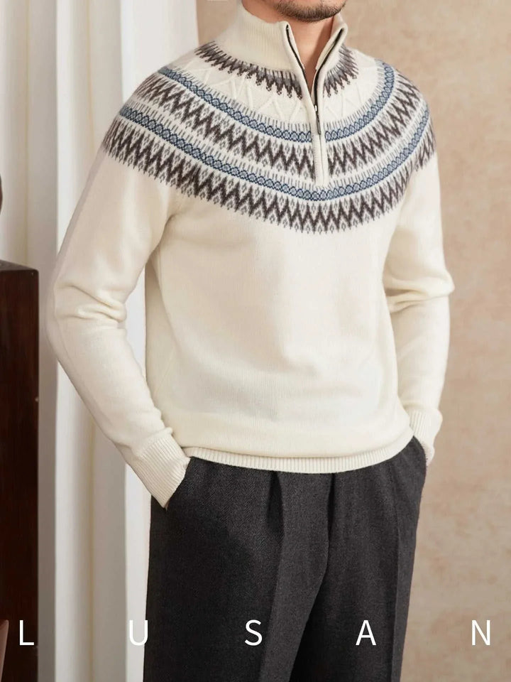Mr. Lu San 100% wool slim sweater with Scandinavian pattern and half-zip collar in beige