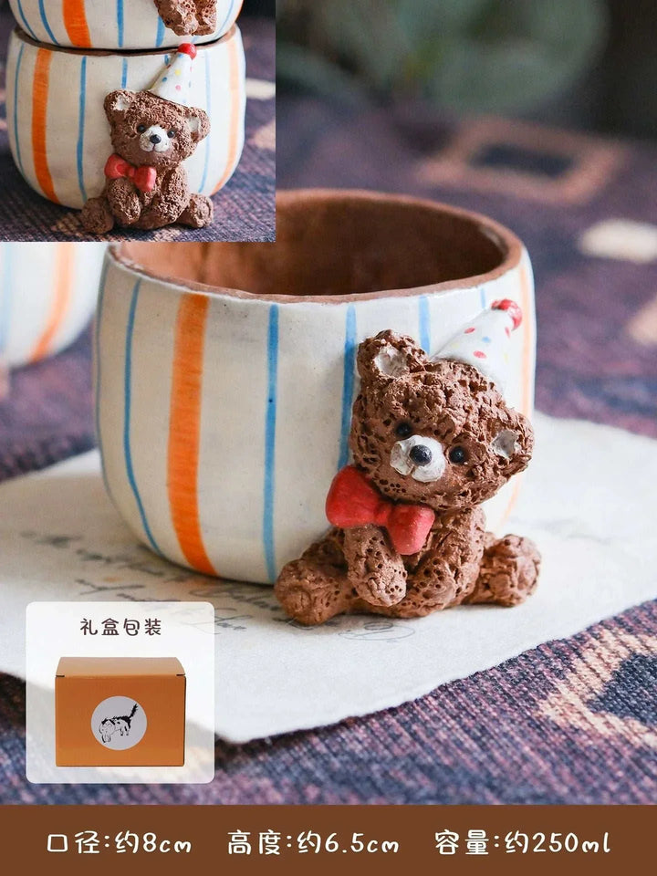 كوب قهوة ييفانغ مصنوع يدوياً بطين خزفي مزين بدب مجسم وذيل حورية بتصميم ملون وأنيق بسعة 250 مل