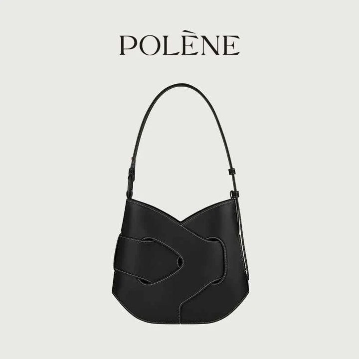 Polène Nodde Hobo black full grain smooth cowhide leather shoulder bag with adjustable strap and unique diagonal design