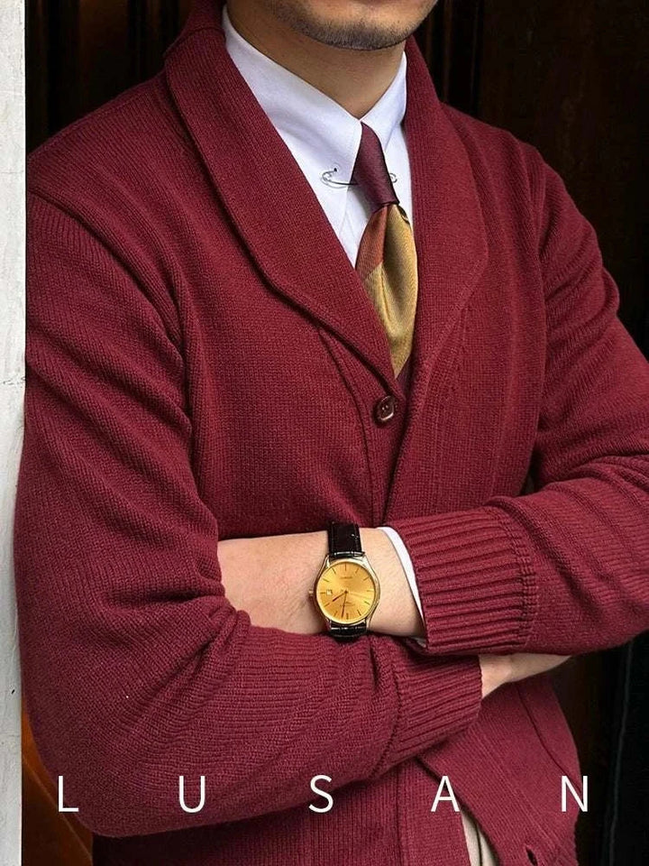 Mr. Lu San Japanese slim casual cardigan with shawl collar and ribbed cuffs in maroon color