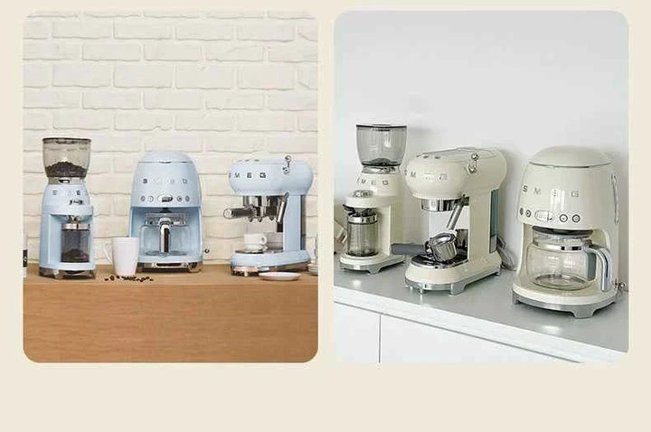 SMEG coffee grinder with elegant design and adjustable grind settings in pastel colors on a kitchen counter