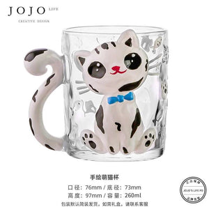 JOJO hand-painted cute cat glass coffee cup.