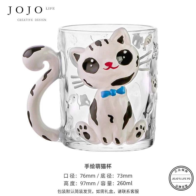 JOJO hand-painted cute cat glass coffee cup.