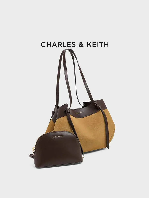 CHARLES &KEITH large two-tone tote bag with small inner pouch in brown and tan colors