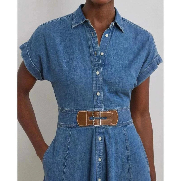 فستان دنيم كلاسيكي نسائي من Lauren by Ralph Lauren بحزام جلدي بني وأكمام قصيرة