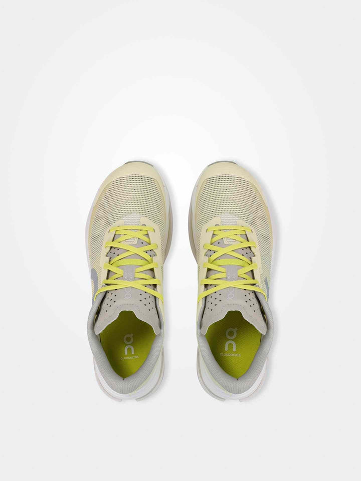 Top view of OnRunning Cloudultra men's long-distance trail running shoes in beige with yellow laces