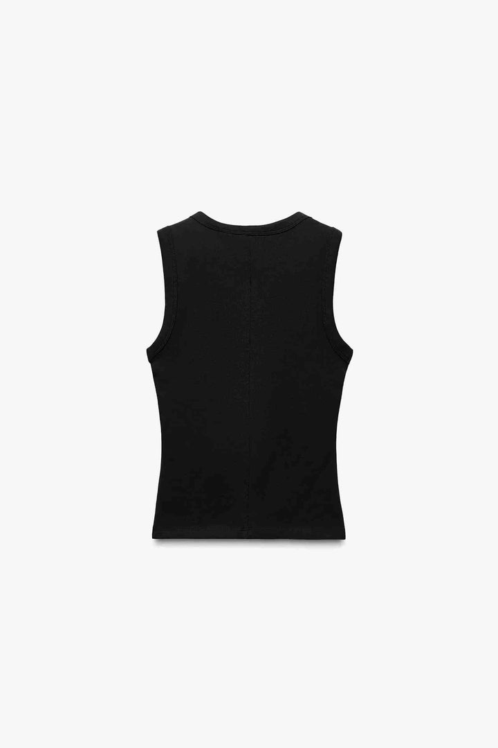 ZARA توب تانك نسائي أسود أساسي كاجوال من قطن مرن وخياطة متقنة لتصميم أنيق ومريح