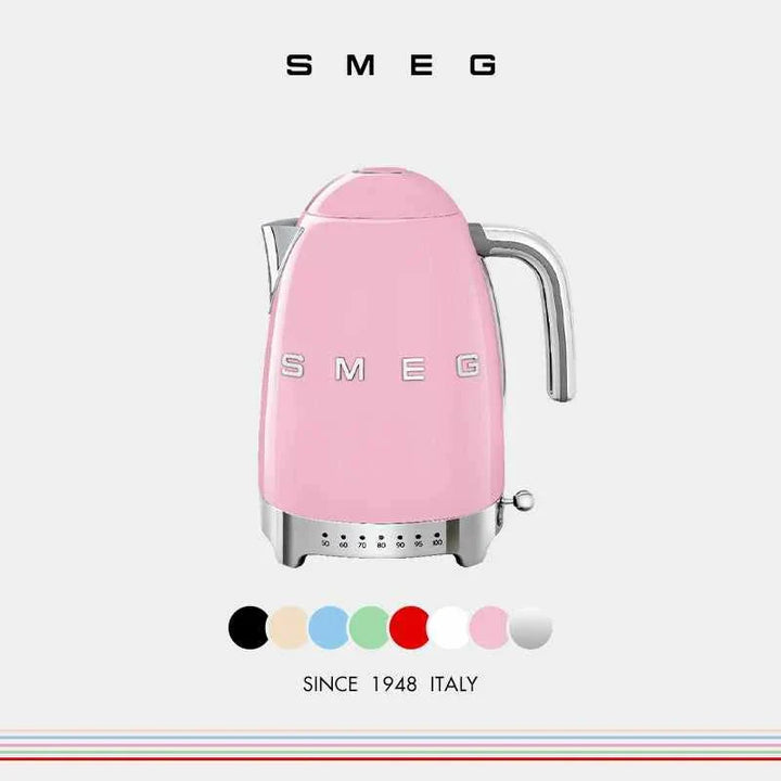 SMEG KLF04 Retro electric kettle in pink with 1.7L capacity, stainless steel body, 7 temperature settings, and classic Italian design.