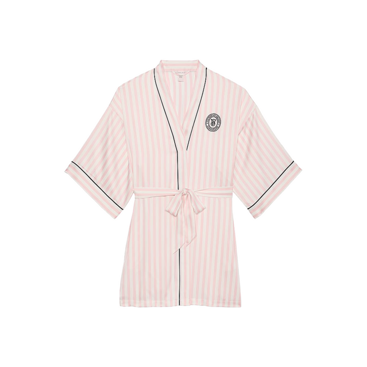 Victoria's Secret women's classic striped satin bathrobe with embroidered logo and lace-up belt