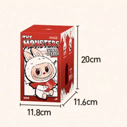 The Monsters - Coca-Cola Series vinyl figure in blind box packaging with dimensions 20cm x 11.8cm x 11.6cm.