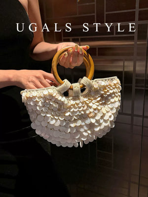 UGALS French vintage handwoven beaded sequined shell cabbage basket ring bucket clutch crossbody bag