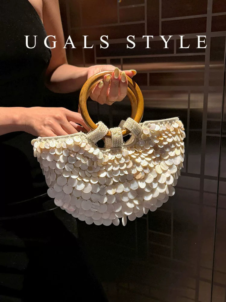 UGALS French vintage handwoven beaded sequined shell cabbage basket ring bucket clutch crossbody bag