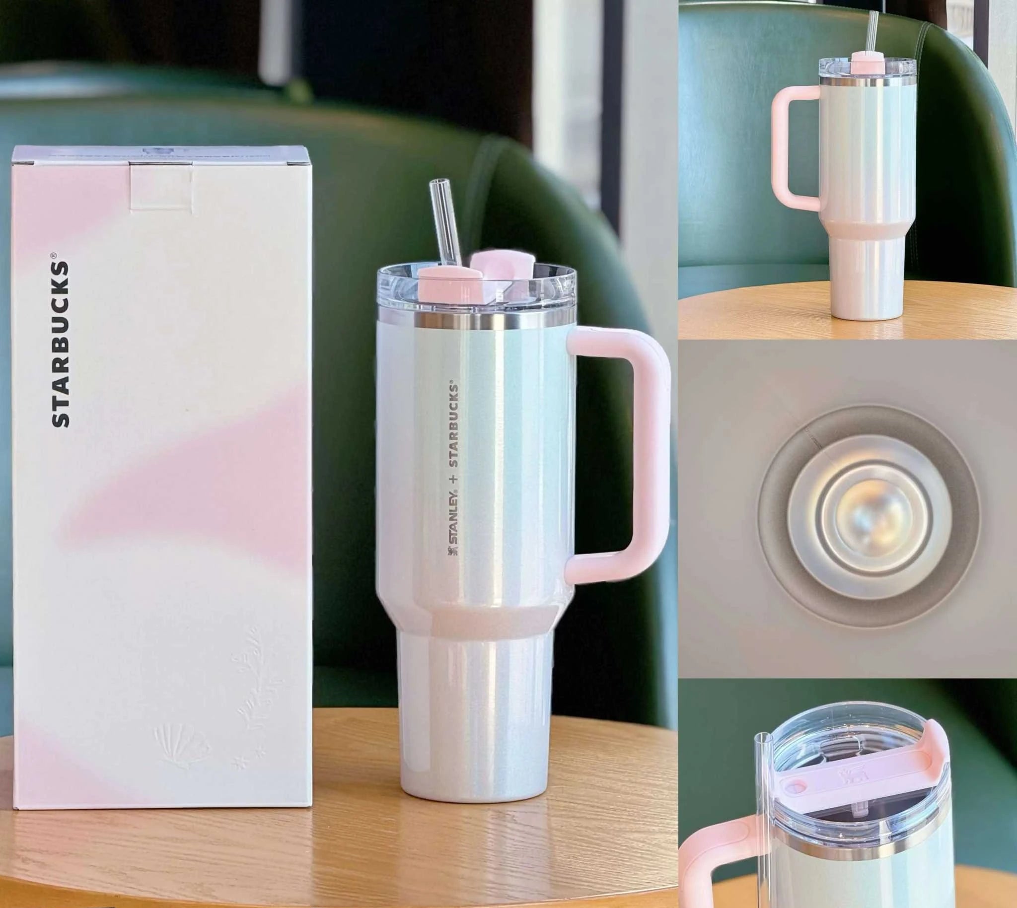 كوب Stanley x Starbucks Quencher لؤلؤي وردي حافظ للحرارة.