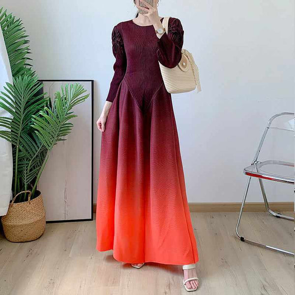 Elegant gradient color dress with long puffed sleeves, flowy silhouette, suitable for all occasions.