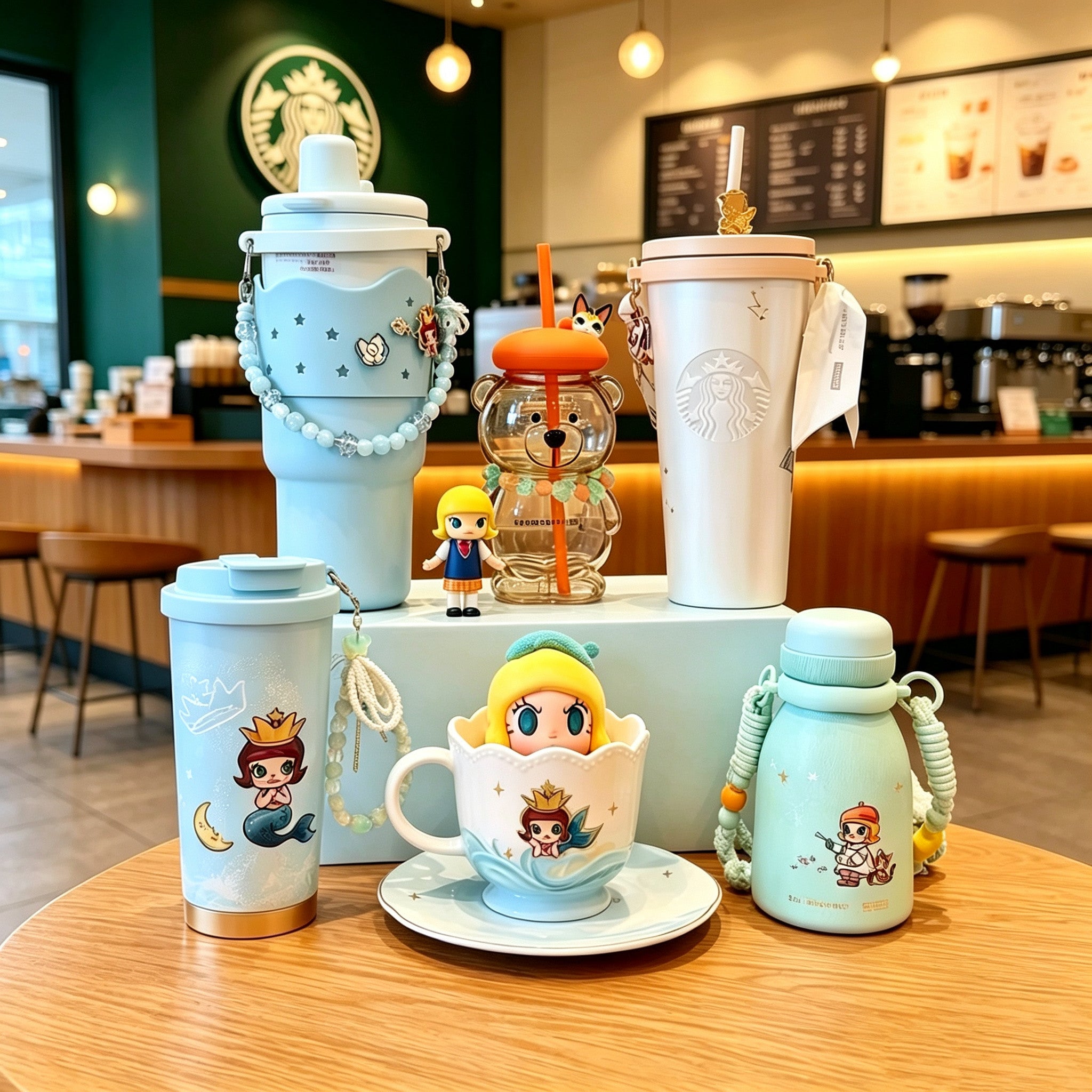 Starbucks, Pop Mart, Soft Snow, Star Dream, Molly, Ocean Goddess Painter, Little Bear straw, Mark stainless steel cup