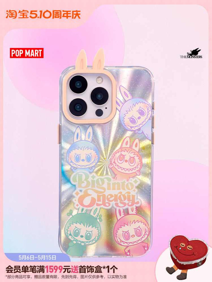 POP MART كفر جوال The Monsters بشخصيات ملونة وأذنين أرنب للتصميم لامع.