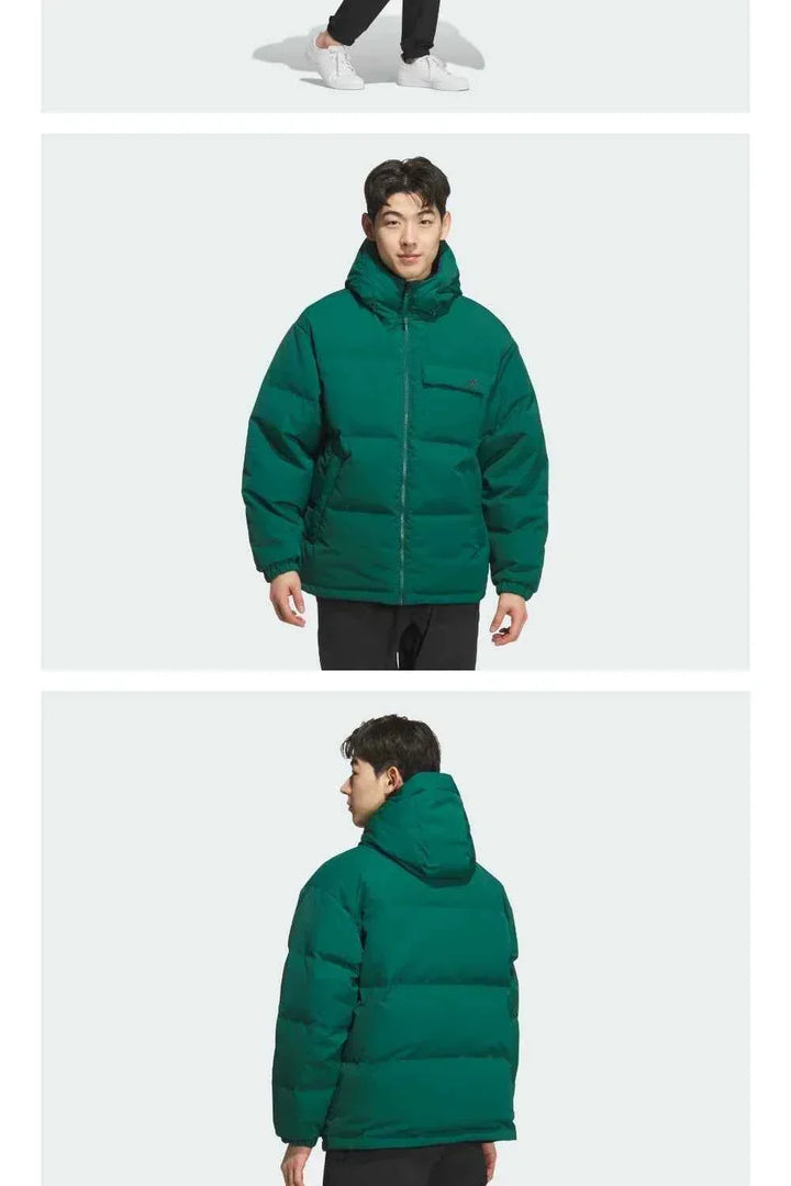 جاكيت Adidas 600 Puff دافئ وعملي بلون أخضر مع غطاء رأس وجيوب متعددة للرجال والنساء