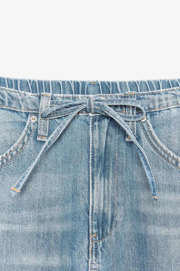 ZARA Wide Leg Jeans بنطلون جينز نسائي كاجوال بخصر مرن ورباط تصميم عصري ومريح من دنيم عالي الجودة