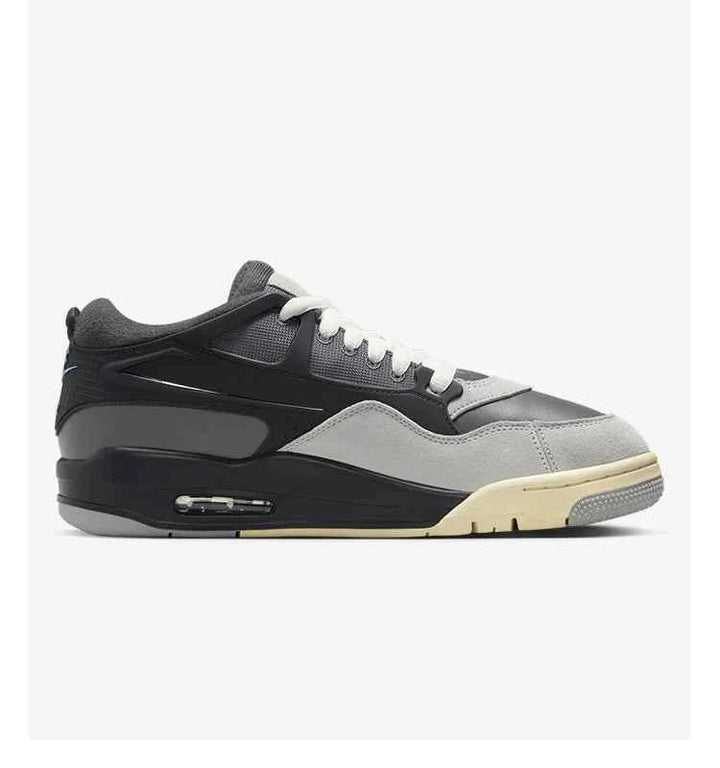 Air Jordan 4RM sneakers in Iron Gray, Chambray, Off Noir, side view.