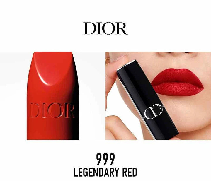 Dior Rouge Dior classic lipstick in legendary red shade with embossed DIOR logo and model wearing bold red lipstick.
