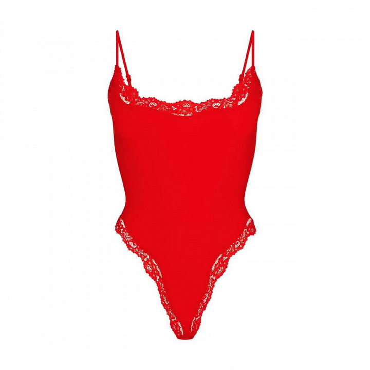 Red SKIMS بودي سوت lace classic bodysuit with delicate lace trim and slim fit design