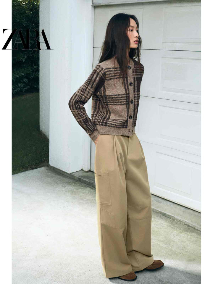 ZARA كارديجان نسائي كارو بتصميم أنيق ودافئ مناسب للدوام والكاجوال