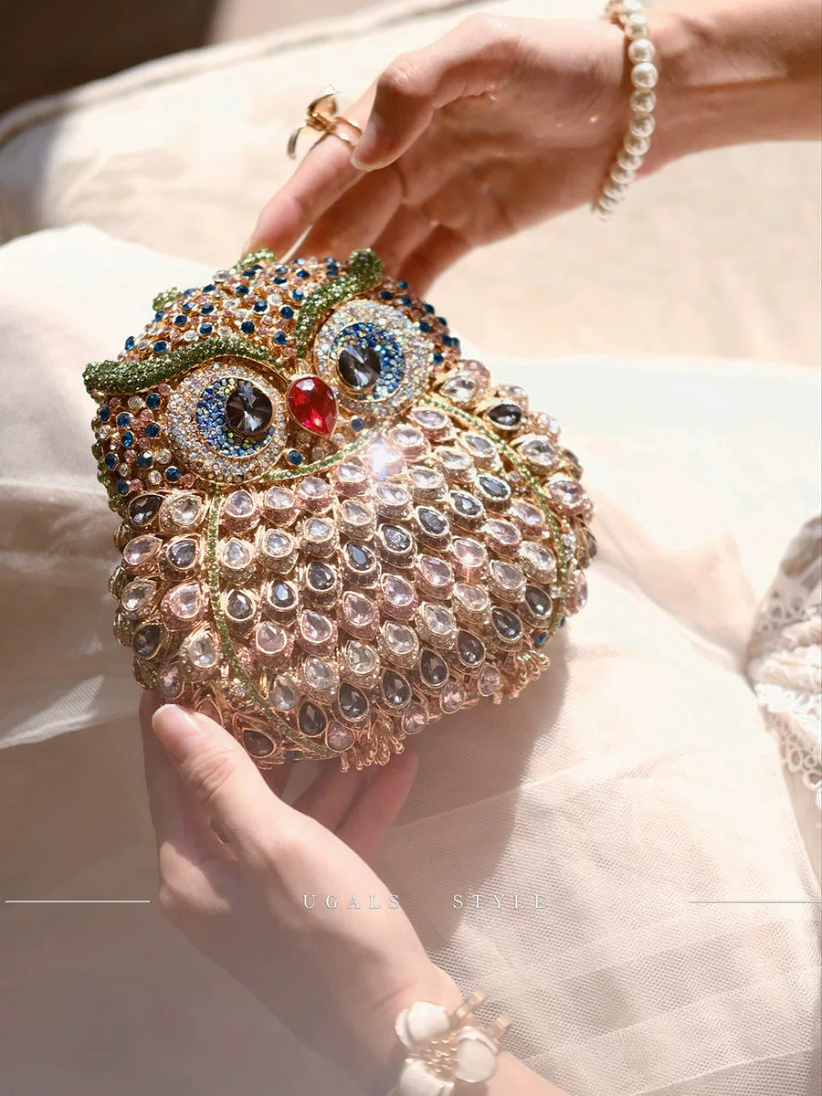 UGALS Retro Niche Design Owl Diamond Dinner Premium Water Diamond Clutch Crossbody Bag