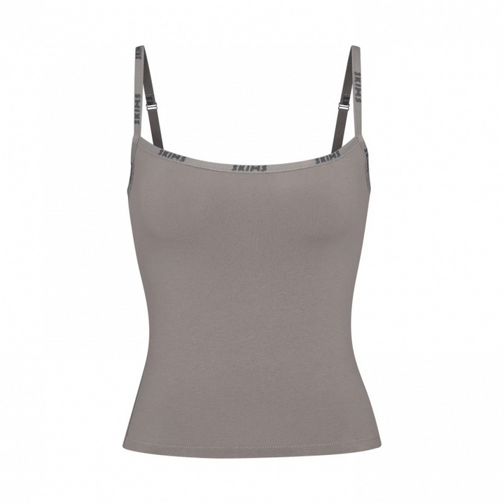 SKIMS taupe essential cami top with thin adjustable straps and straight cut for a sleek fit
