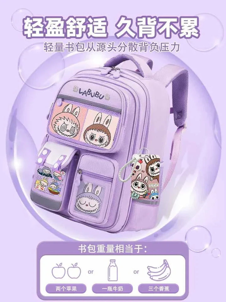 Purple LABUBU backpack with cute cartoon character design, protective ergonomic back support, multiple compartments, and lightweight durable fabric suitable for school.