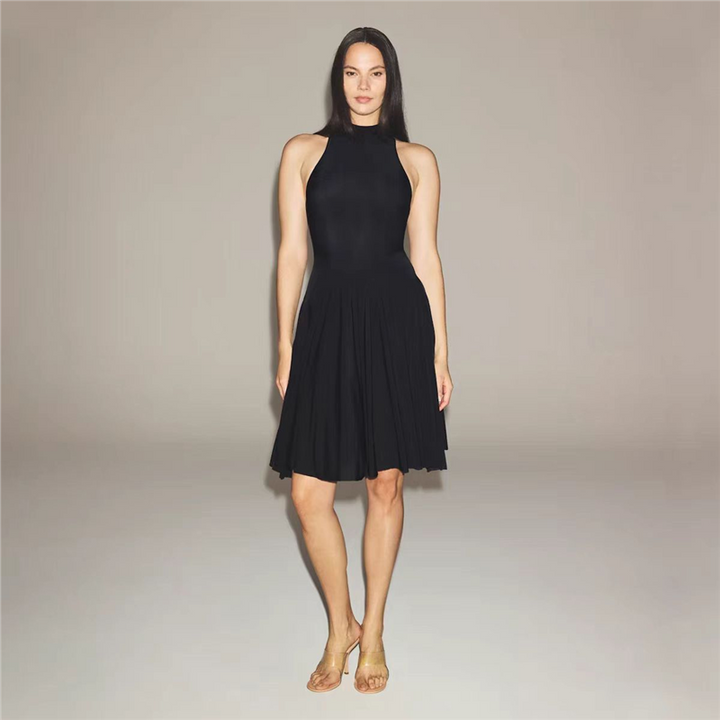 SKIMS black high neck midi dress with sleeveless wide flowing skirt elegant and comfortable