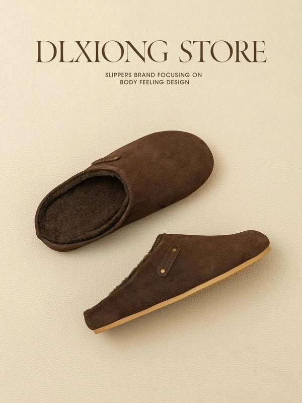 شبشب منزلي من الجلد السويدي والبطانة القطنية الناعمة بنعل مقاوم للانزلاق باللون البني