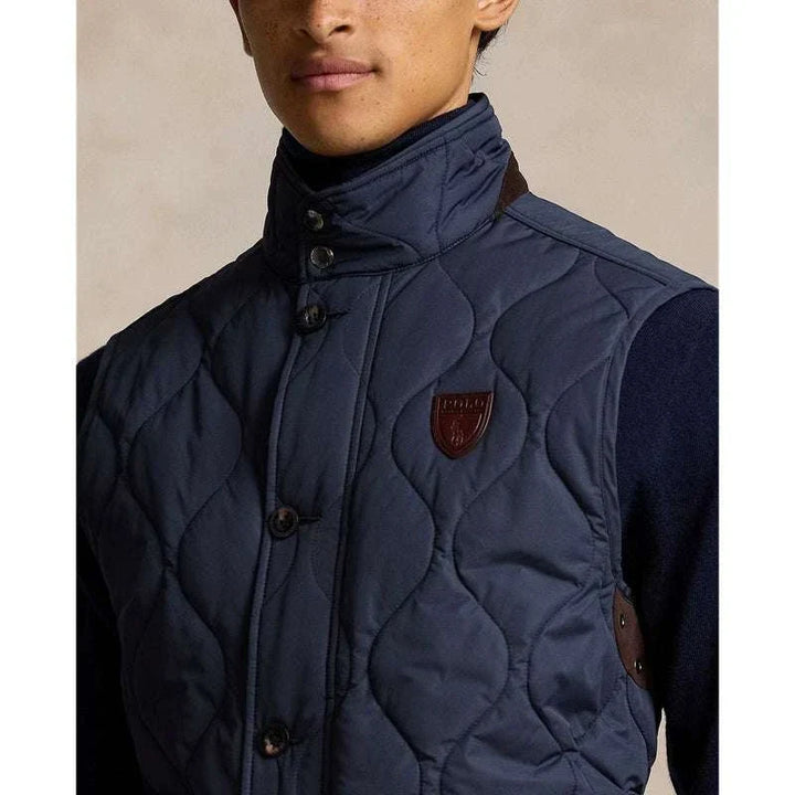 سترة Ralph Lauren محبوكة باللون الأزرق البحري مع بطانة خفيفة وياقة عالية وتصميم جلدي أنيق