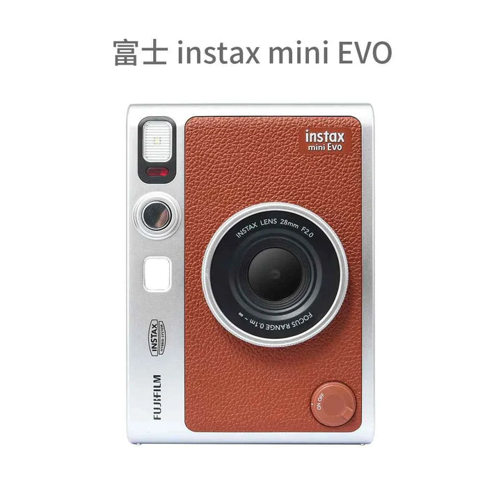 FUJIFILM Instax Mini Evo digital camera with instant print feature, brown leather design, 28mm F2.0 lens.