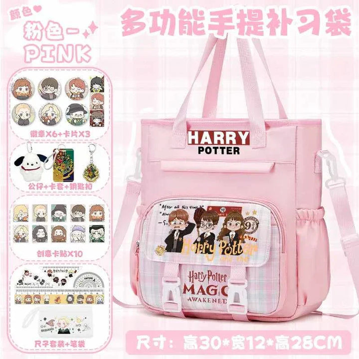 Pink Harry Potter themed school backpack with cartoon character design and multiple compartments, includes 27-piece accessory set.
