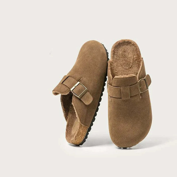 حذاء منزلي dalaxiong بنعل كورك ودعم قوس القدم وغطاء فرو صناعي مريح ووزن خفيف باللون البيج والبني