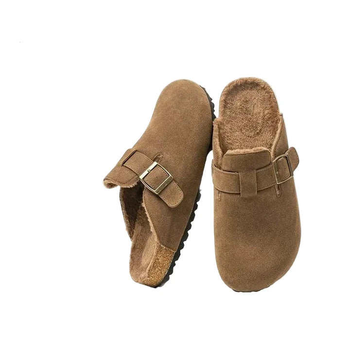 حذاء منزلي قطن بني ببطانة فرو مع مشبك نحاسي ونعل TPR مقاوم للانزلاق من dalaxiong