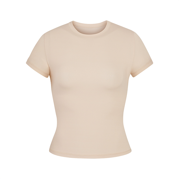 Skims short sleeve slimming crew neck t-shirt in sand color with soft stretch fabric and slim fit design