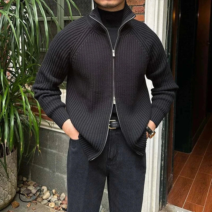 Mr. Lusan cardigan retro slim knit zip-up sweater in dark color with ribbed texture and high collar
