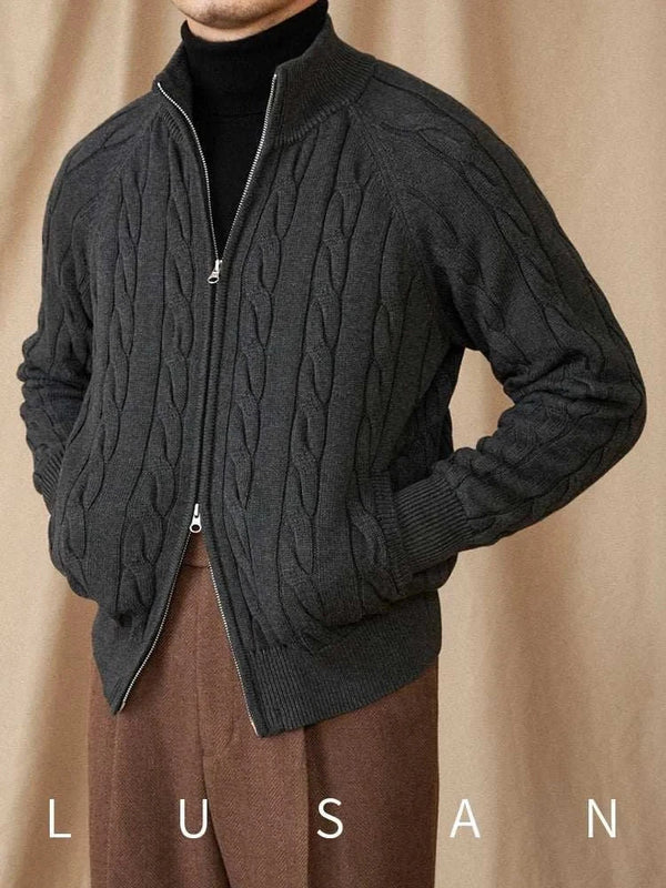 Mr. Lusan knitted cotton British cardigan with cable knit pattern and double zipper in dark gray color