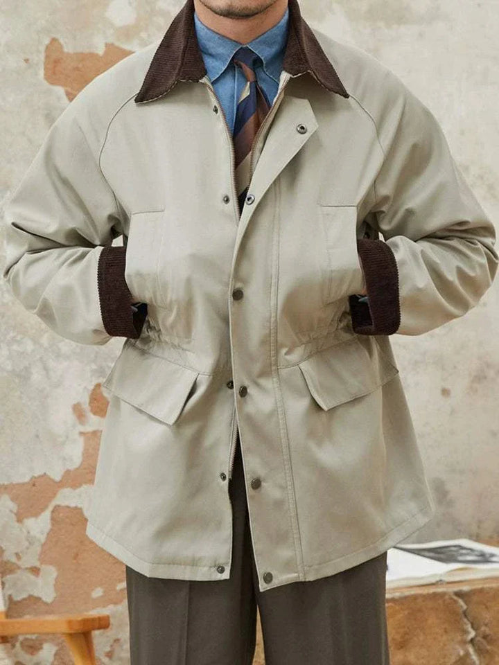Mr. Lusan Casual Gentleman جاكيت بيج بتصميم كلاسيكي مع ياقة وأصفاد مخملية وقماش متين ودرزات دقيقة