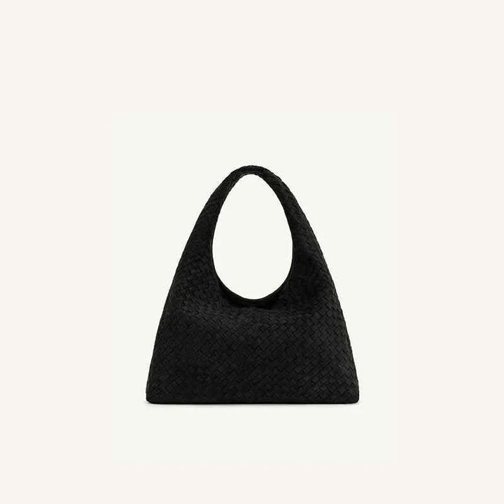 black large capacity woven bag with a curved handle and vintage design
