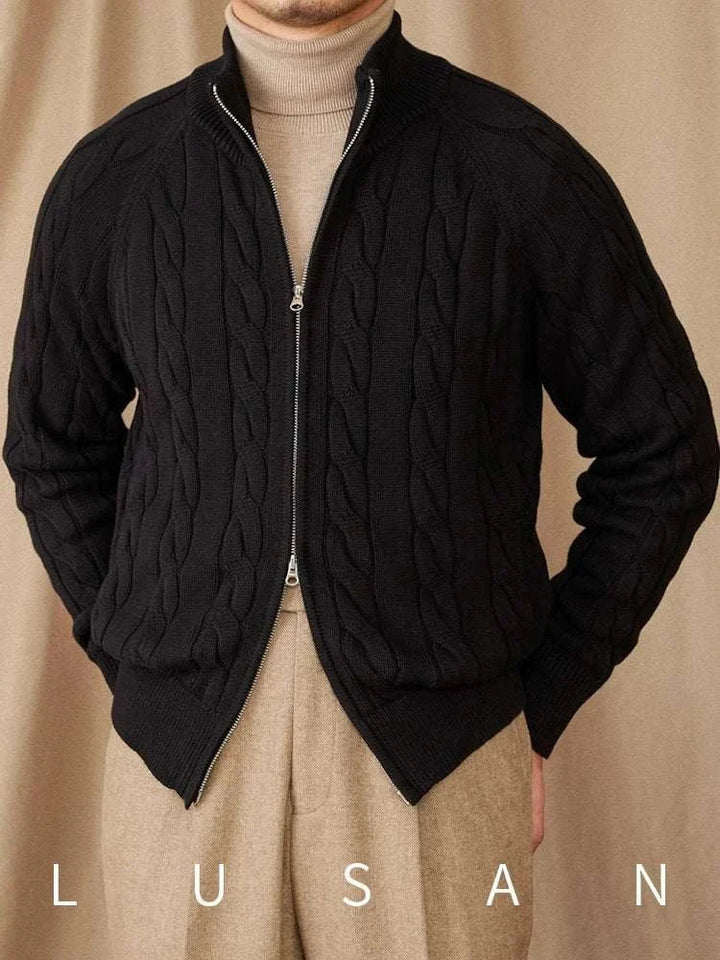 Mr. Lusan black cotton knitted British cardigan with double zipper and cable knit pattern