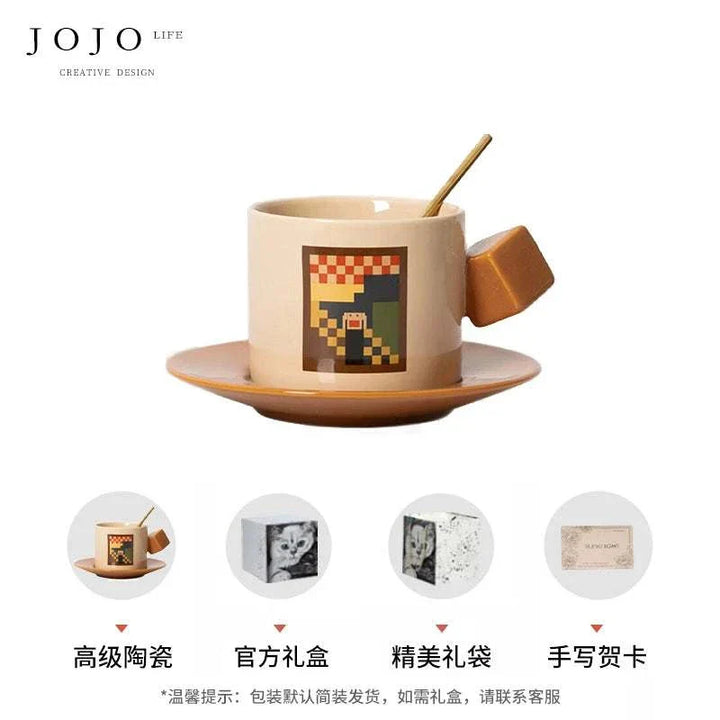 فنجان قهوة JOJO بتصميم سيراميكي عالي الجودة ومقبض مكعب شطرنجي مع صحن وملعقة أنيقة